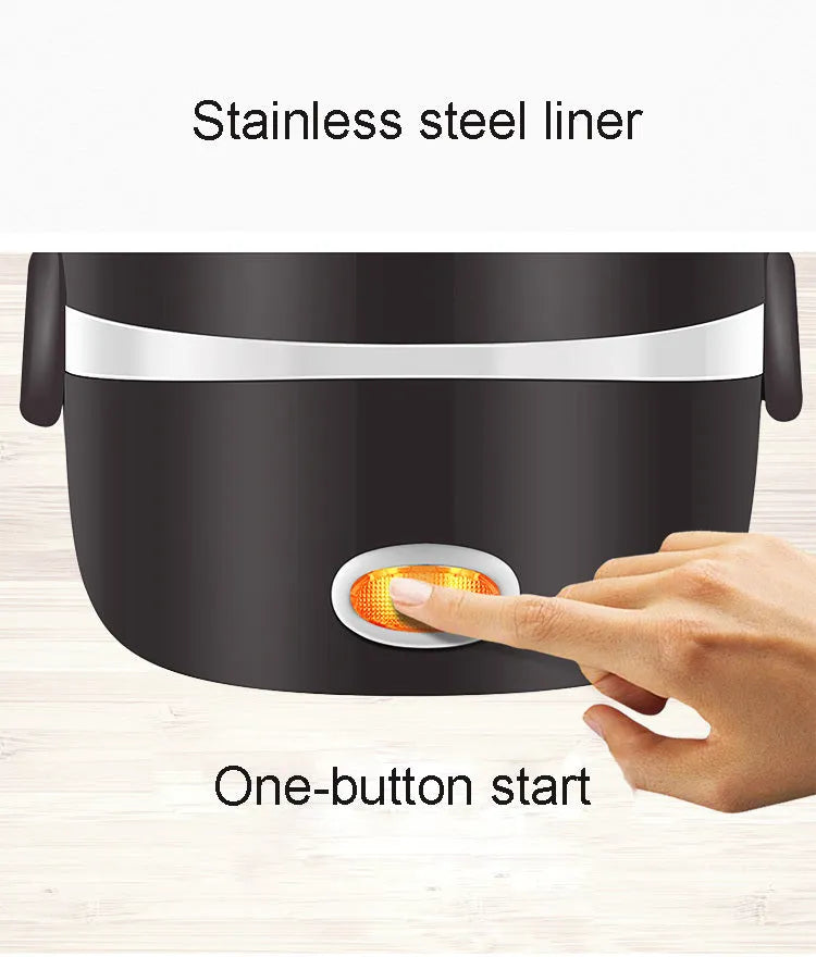 White plastic lunch box with multiple layers showing USB power port and heating function indicator