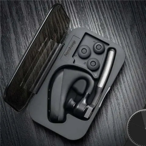 Black true wireless Bluetooth earbuds with charging case