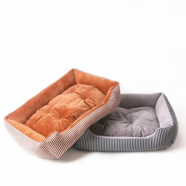 Washable cloth pet bed with cushioned sides shown in a striped colour option.