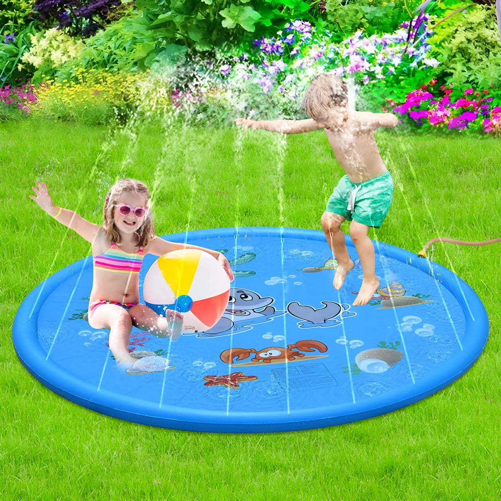 Blue PVC water spray mat for children with marine animal prints, connected to a garden hose.