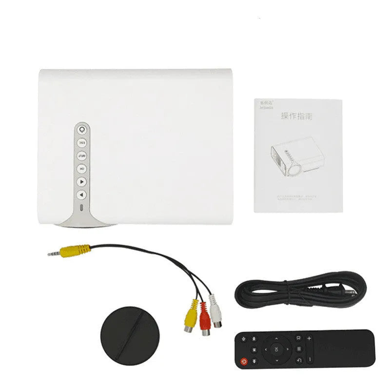 Portable HD 1080P projector with LED lens, 30-138 inch front projection, white or black, general or mobile phone screen version.
