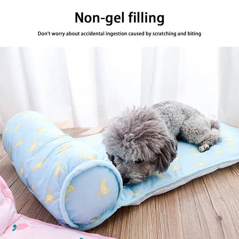 Ice silk cotton blend pet cooling mat in blue colour showing rectangular shape and breathable fabric texture