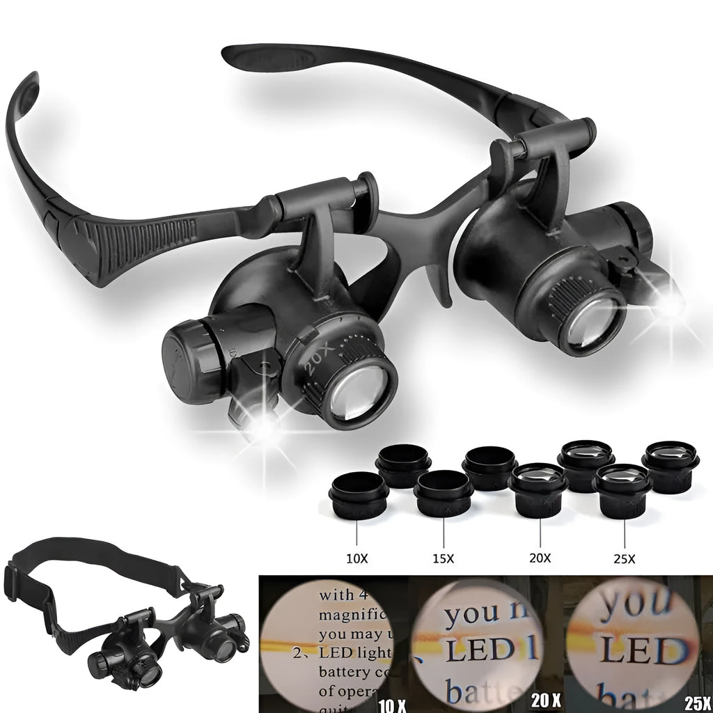 Black hands-free magnifier glasses with LED lights and four pairs of interchangeable magnification lenses on a workbench.