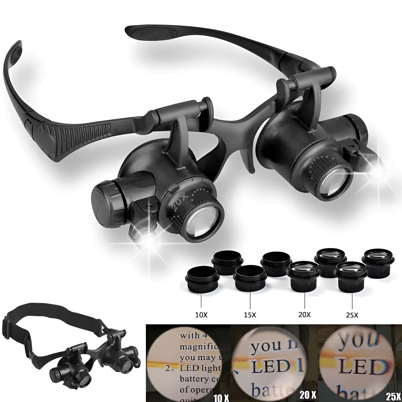 Black hands-free magnifier glasses with LED lights and four pairs of interchangeable magnification lenses on a workbench.