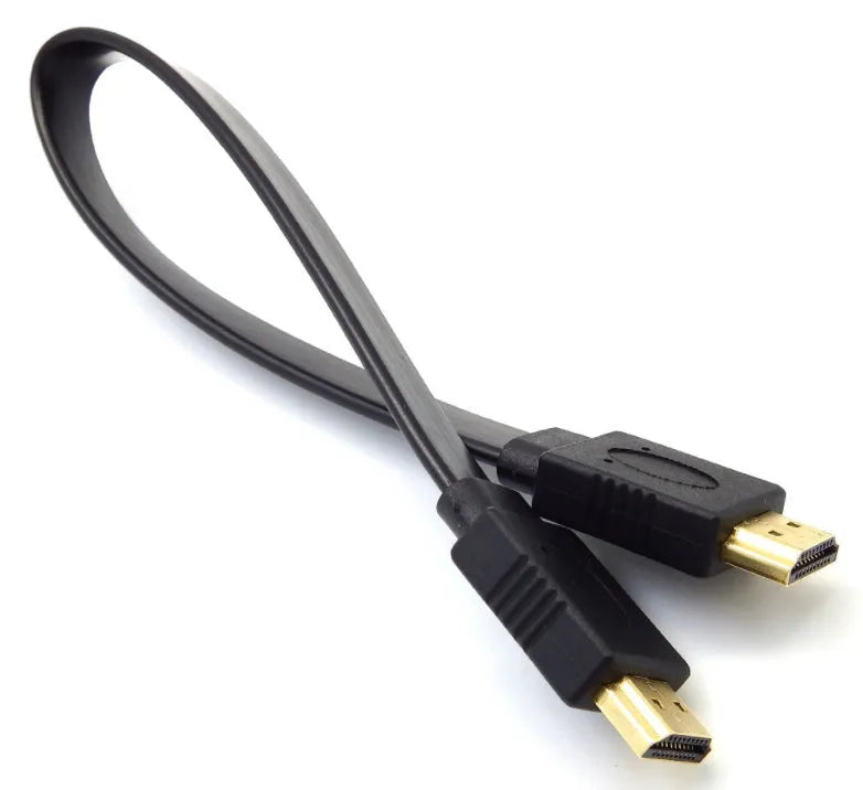 Flat HDMI cable showing length options from 0.3m to 10m with 1080p resolution support