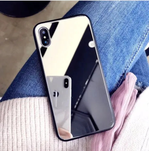 Black mirror iPhone case with self-timer function for make-up, compatible with iPhone X, 7, and 8 Plus models