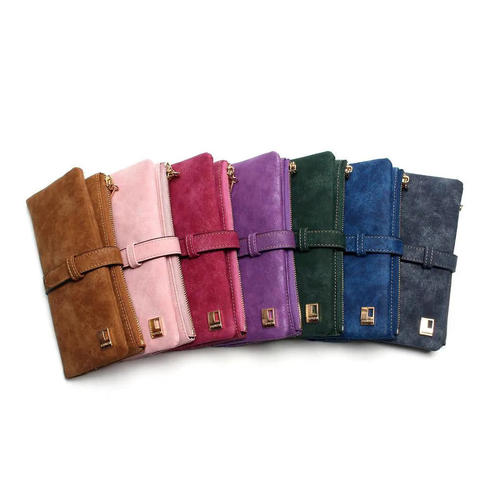 Korean-inspired retro matte leather long wallet with zip closure and RFID protection, showing inner card slots and note compartment