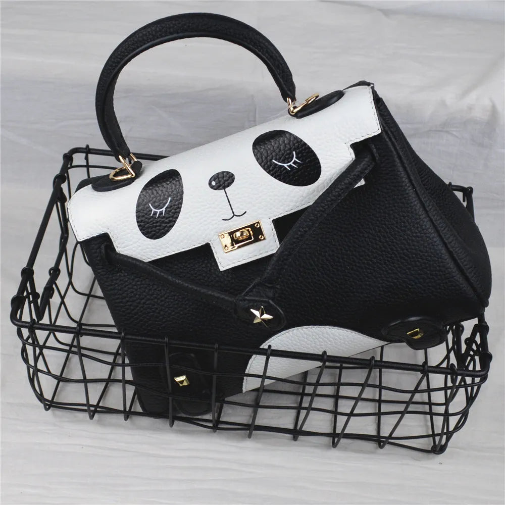 Panda handbag in first-layer cowhide with animal print, showing horizontal square shape and two size options