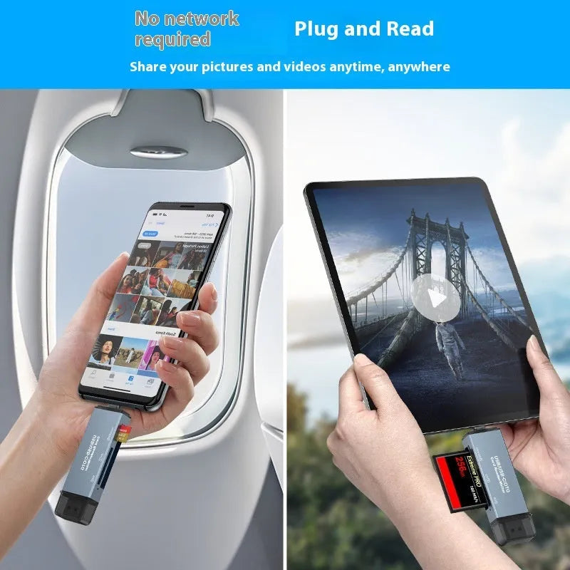 Aluminium CF SD TF three-in-one card reader measuring 9.2cm with USB and TYPE-C interfaces