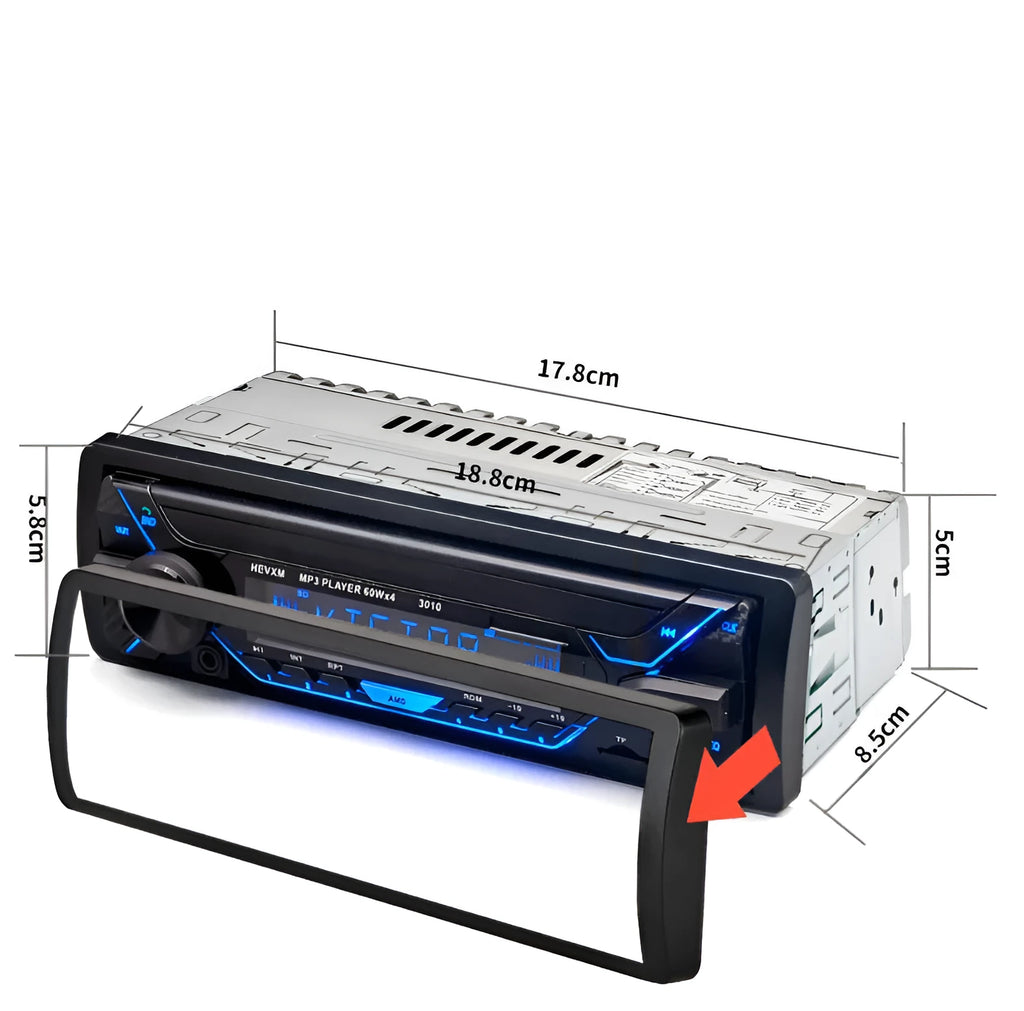 Car radio MP3 player with Bluetooth, FM radio, USB/TF slots, LCD display, and front panel controls