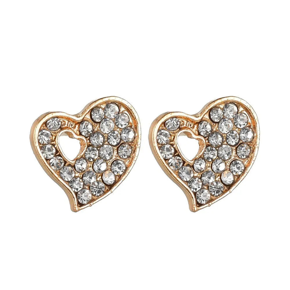 Gold electroplated alloy women's jewellery set with love, water drop, and bell patterned earrings, pendant, and bracelet.