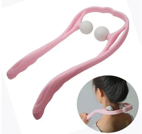 Plastic swan-shaped neck massager in pink, blue, or green with adjustable hand roller for 360° pressure point therapy