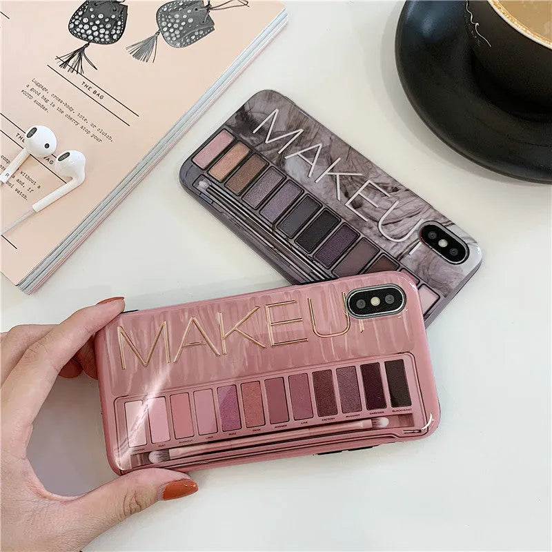 Silicone eye shadow phone case with raised edge showing iPhone compatibility and flesh/grey colour options