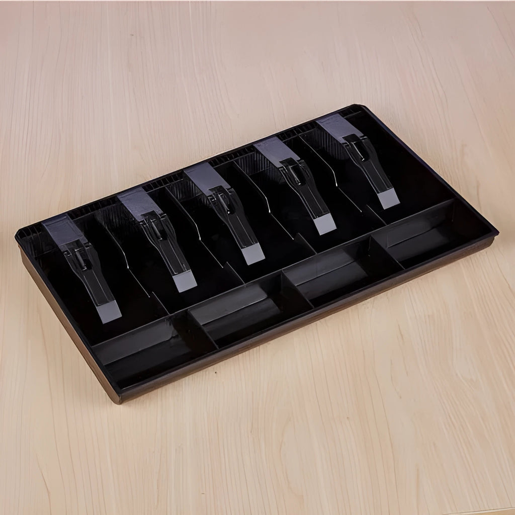Black ABS plastic five drawer cash register cash box with compartments for notes and coins