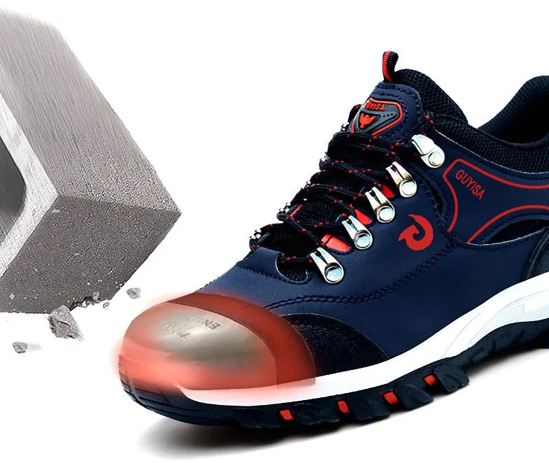 Guisalao men's low-cut safety shoes with steel toe cap, anti-piercing design, camouflage plus fur upper, available in black, blue, green, red.