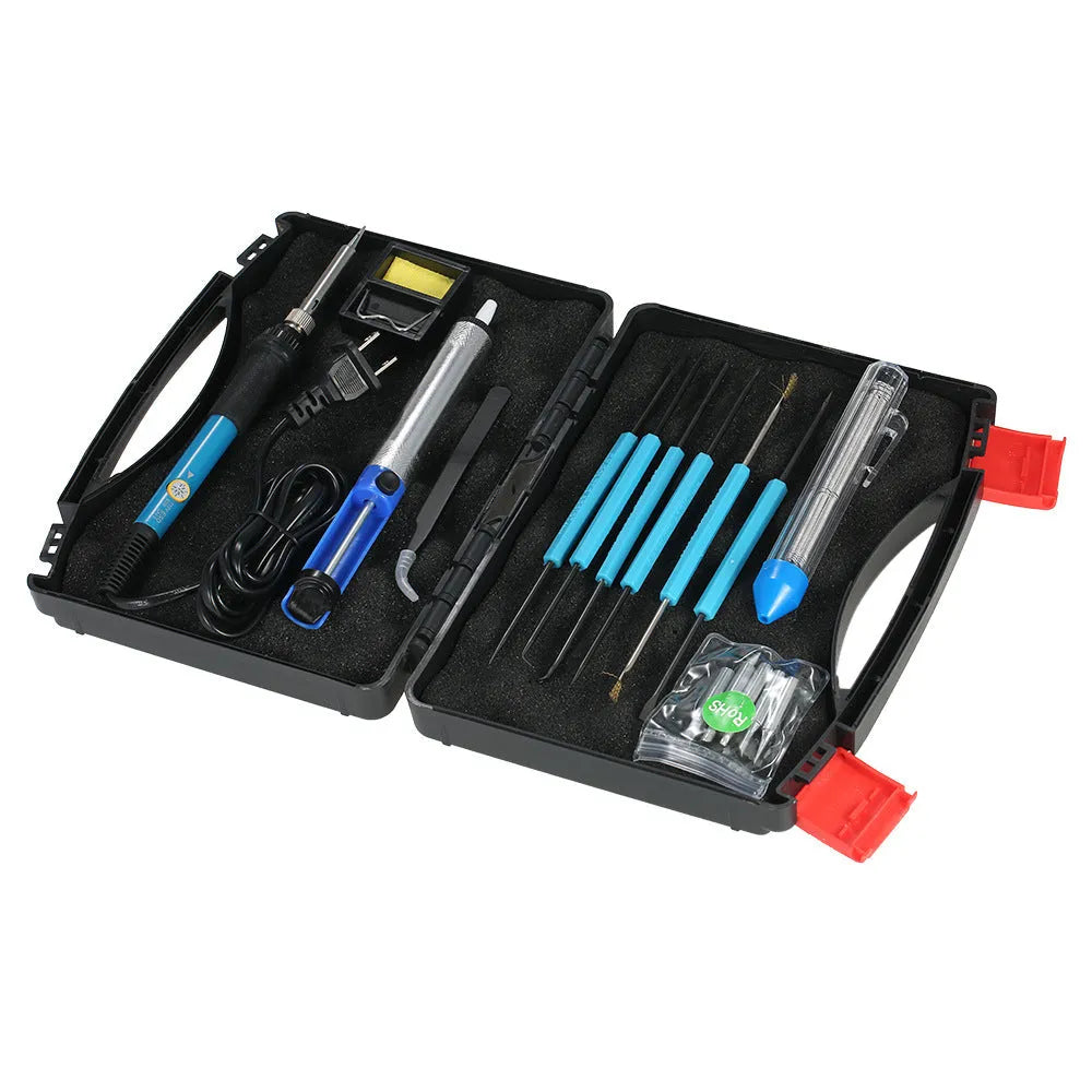 60W adjustable electric soldering iron kit with 16 pieces including soldering tips, desoldering pump, tweezers, and carry case.