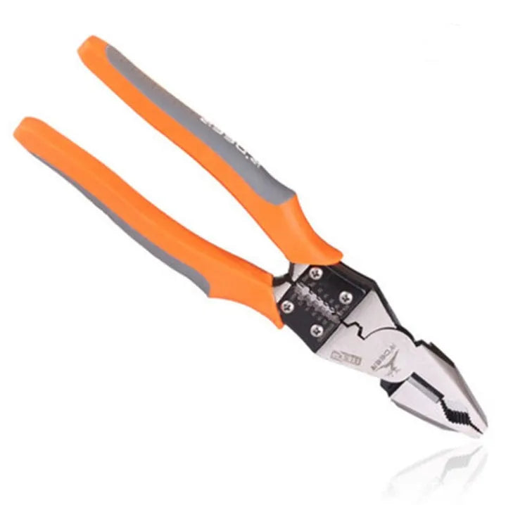 Orange multi-function wire cutter with chrome molybdenum steel head and textured PVC handles for electrical work