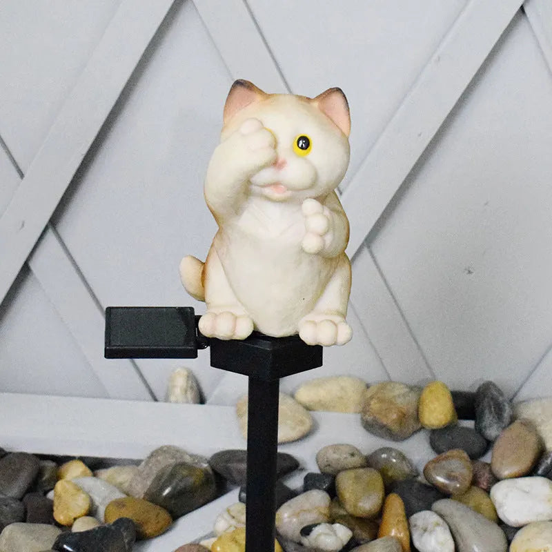 Brown resin cat-shaped solar garden light with LED illumination for courtyard decoration