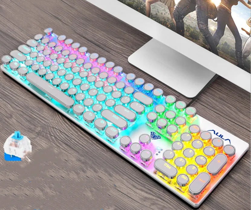 Steampunk Game Real Mechanical Keyboard, 104 keys, wired USB, metal panel, gold-plated keycaps, Black blue or White blue.