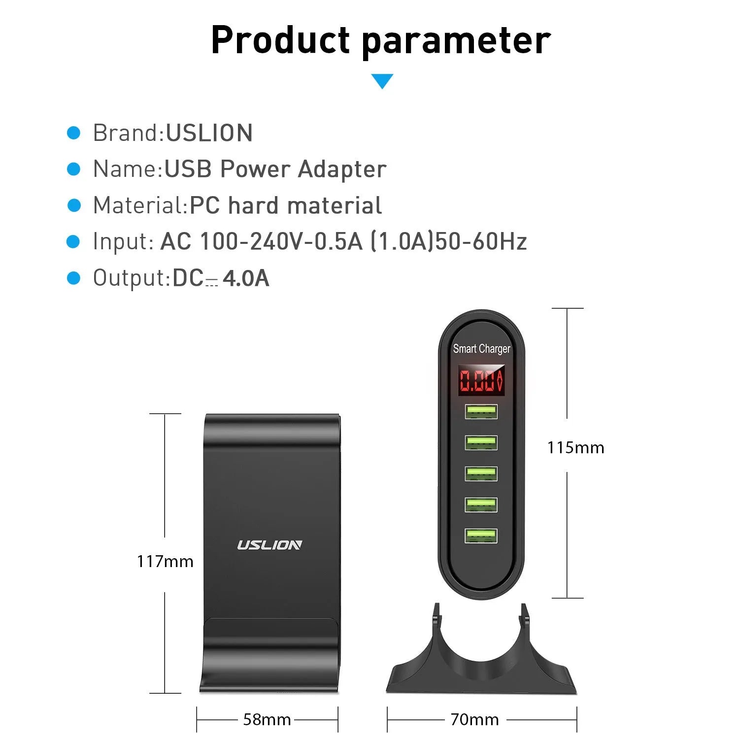 Smart LED digital display charger in black or white with USB interface and plug styles