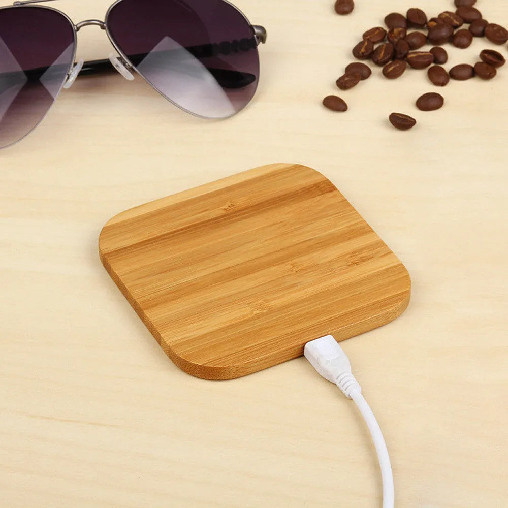 Square wooden bamboo wireless charger measuring 92mm by 92mm by 8mm with Qi certification