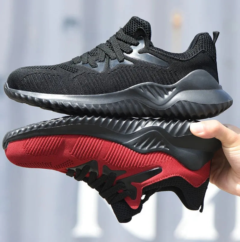 Men's safety shoes with steel toecap and midsole, anti-slip rubber outsole, breathable fly knitting upper, 903 red or black