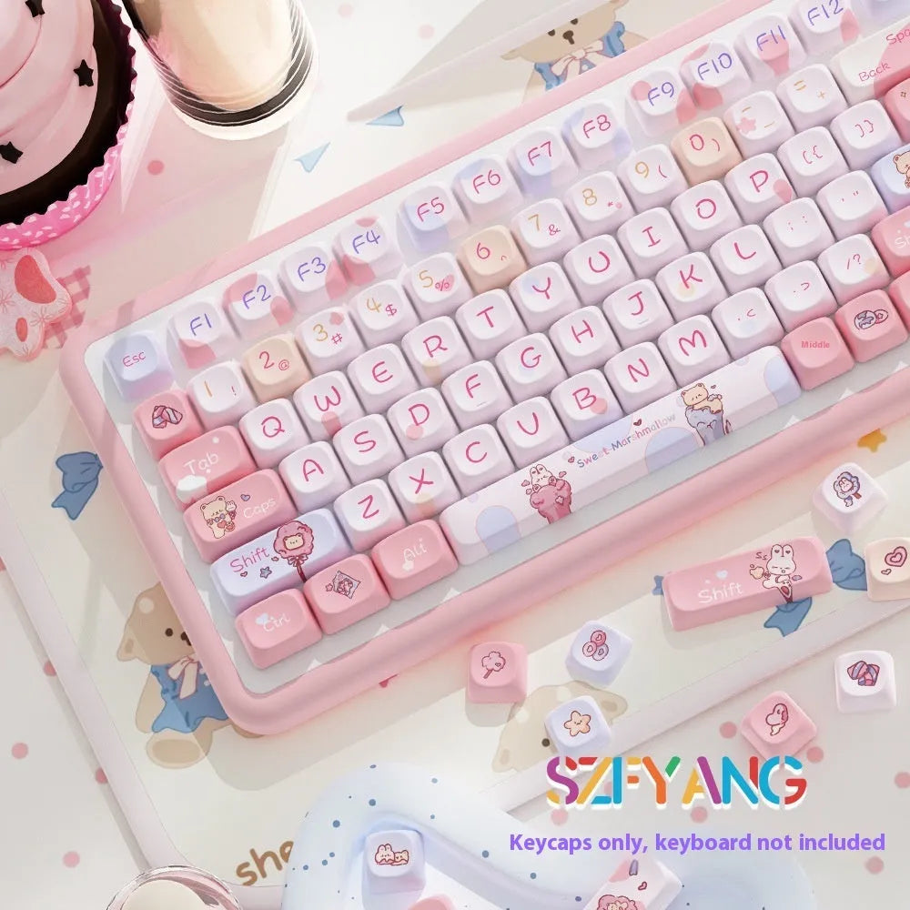 Sweet Cotton Candy key cap set for mechanical keyboards with 112 or 120 key options, dimensions 23cm x 19cm x 3cm