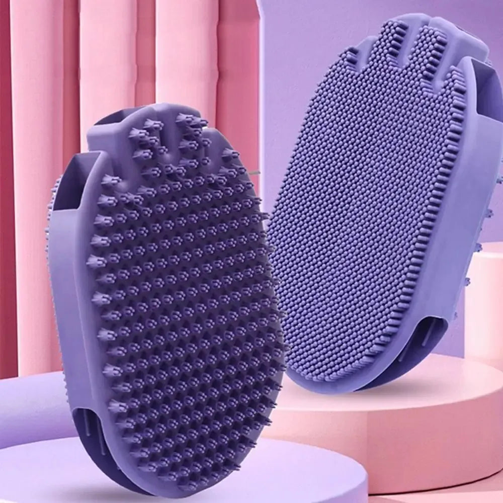 Purple pet shampoo massage brush with soft TPR bristles and ergonomic handle for dog and cat grooming