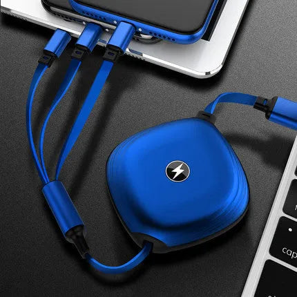 3-in-1 telescopic charging cable with TPE-coated 120cm wire and titanium alloy connectors in multiple colour options