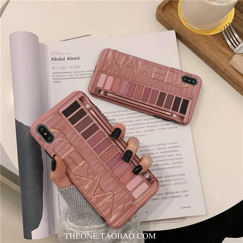 Silicone eye shadow phone case with raised edge showing iPhone compatibility and flesh/grey colour options