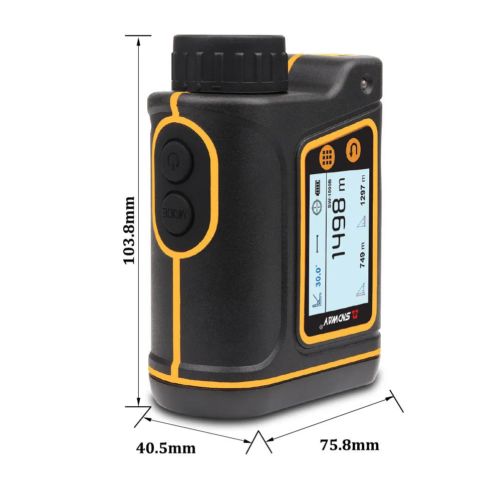 Outdoor handheld golf rangefinder with 1500m measuring range and compact design for accurate distance calculations