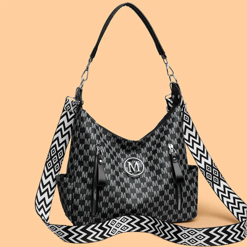 Retro printed PU shoulder messenger bag with sandwich pockets and adjustable straps
