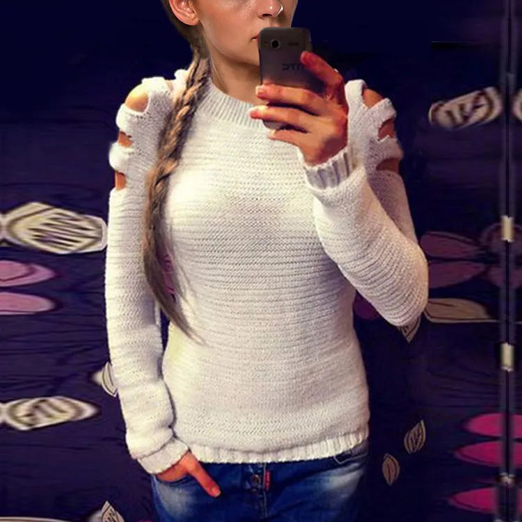 Women's grey hollow-out knitted shirt with crocheted detailing and round neckline