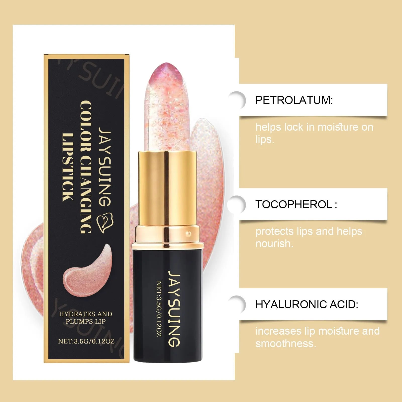 Pale green colour changing lipstick bullet that moisturises and turns pink on the lips.