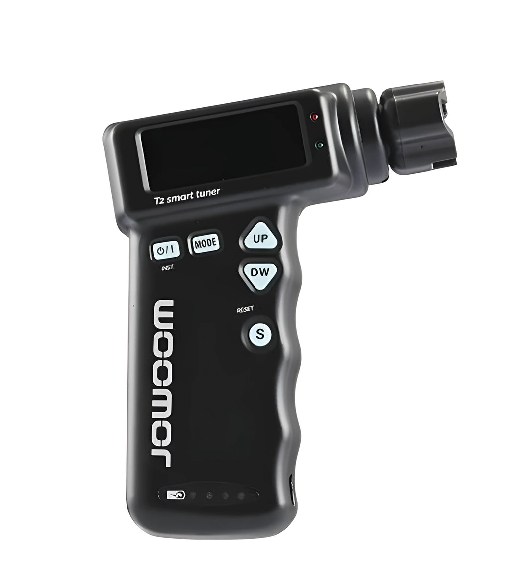Black and white multi-function smart guitar tuner and electric string winder with LCD display.