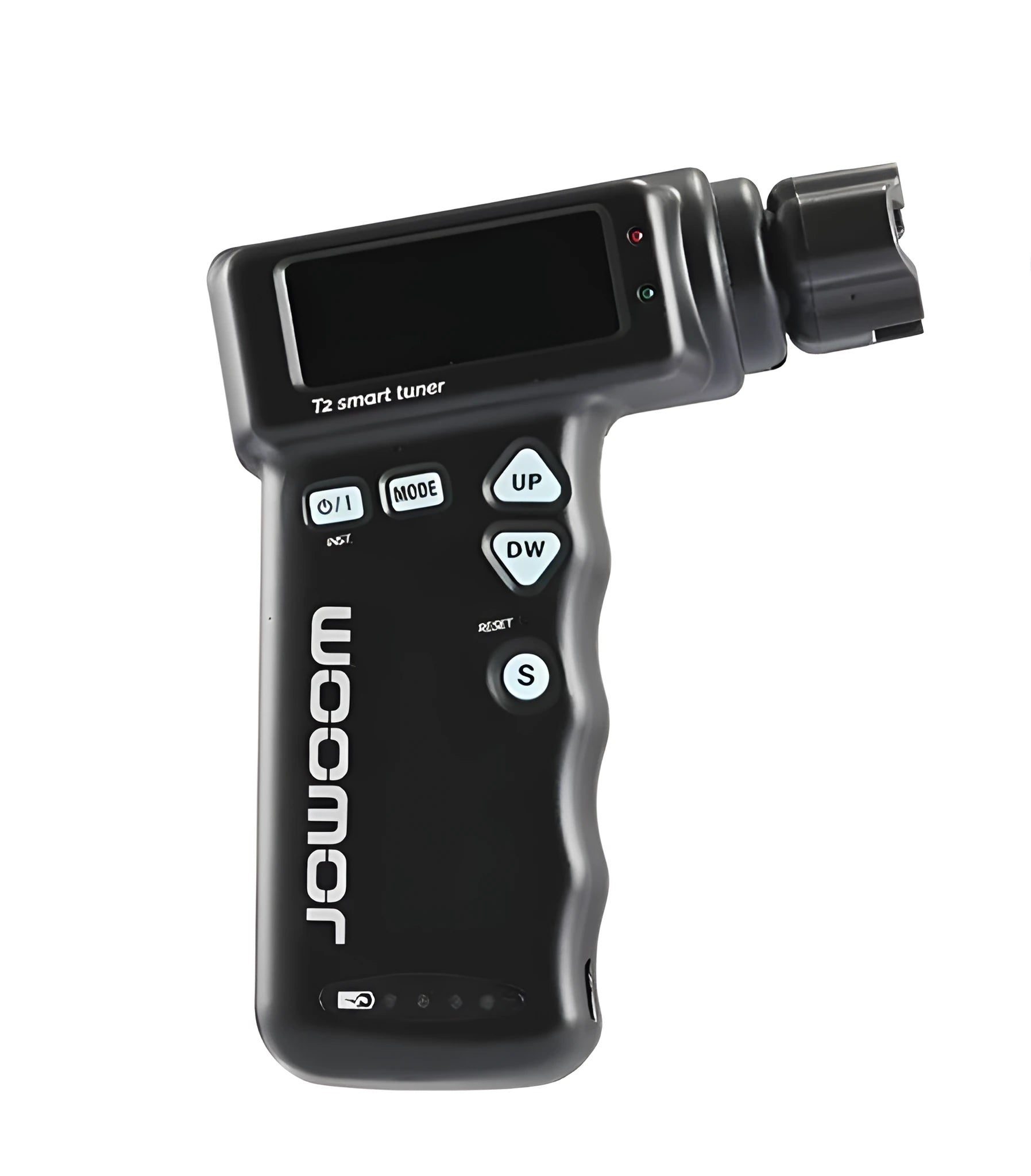 Black and white multi-function smart guitar tuner and electric string winder with LCD display.