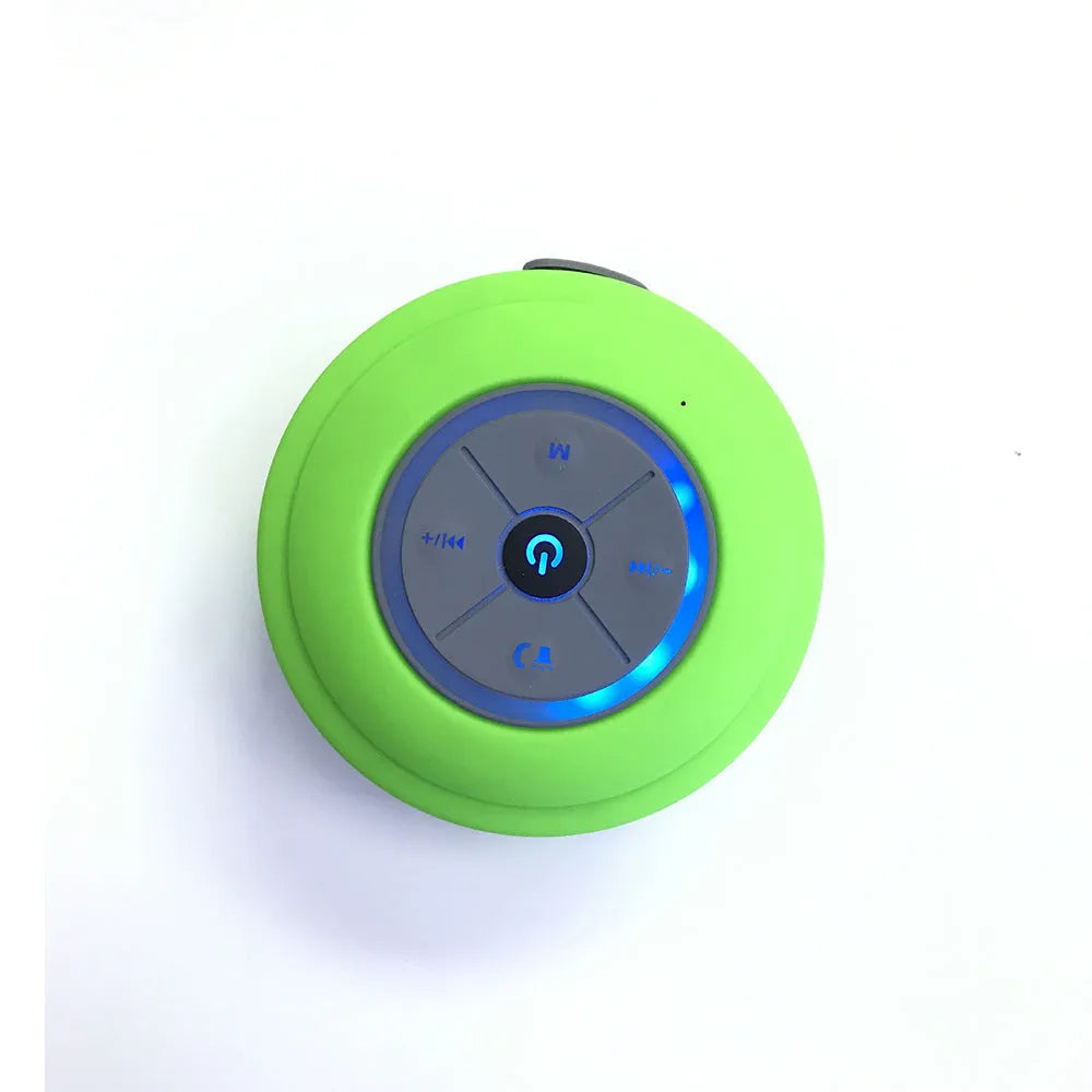 Mini waterproof Bluetooth speaker in blue, 98x88x43mm, with USB cable and button controls.