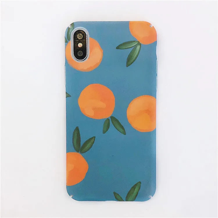 Bright orange plastic iPhone case with a retro water and blue background design