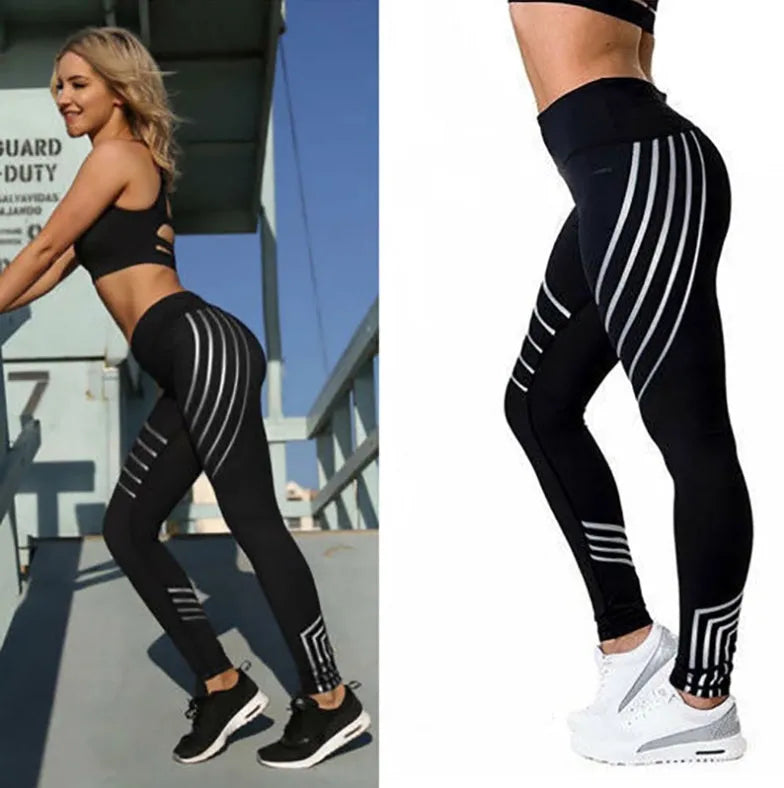 Women's glow-in-the-dark workout leggings in black with printed pattern, slim fit pencil pants length
