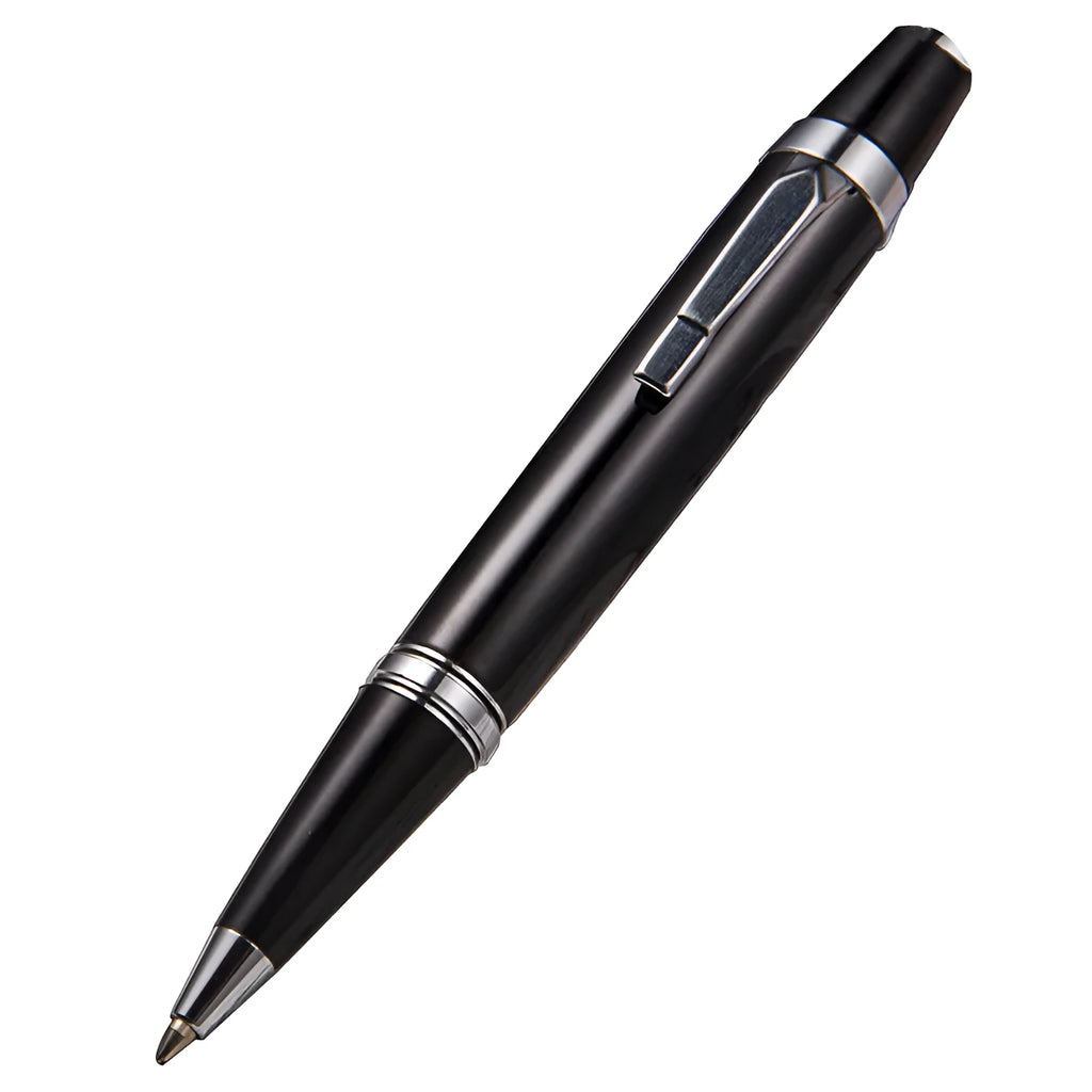 Short metal rotating ballpoint pen with black ink, measuring 112mm length