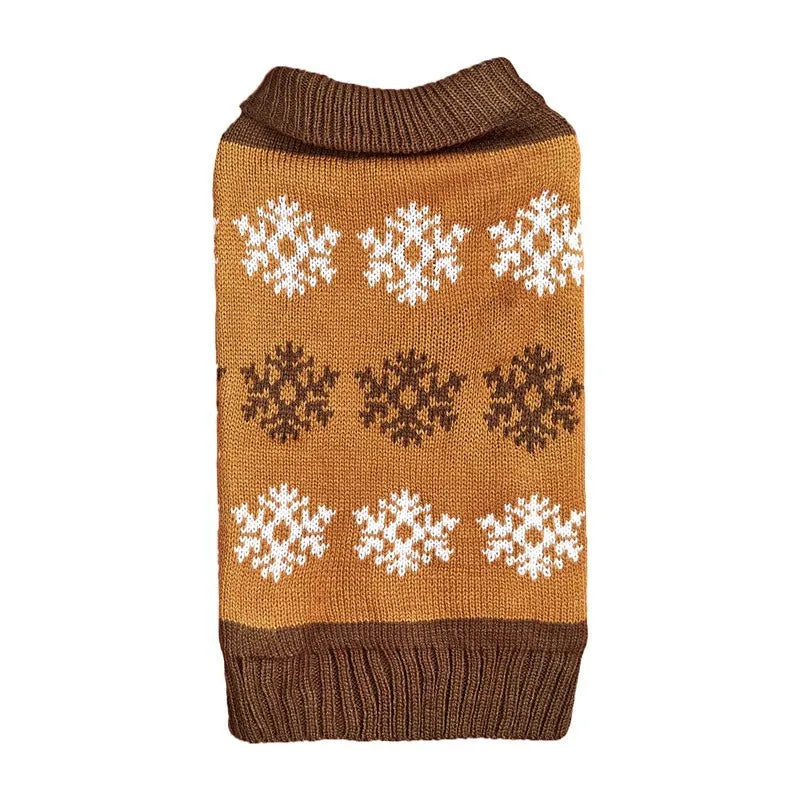Grey dog sweater with snowflake pattern for Christmas wear, shown on medium-sized dog