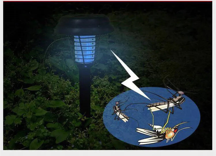 Black solar insect killing lamp with UV purple light and white LED, 42cm tall with 14cm diameter head