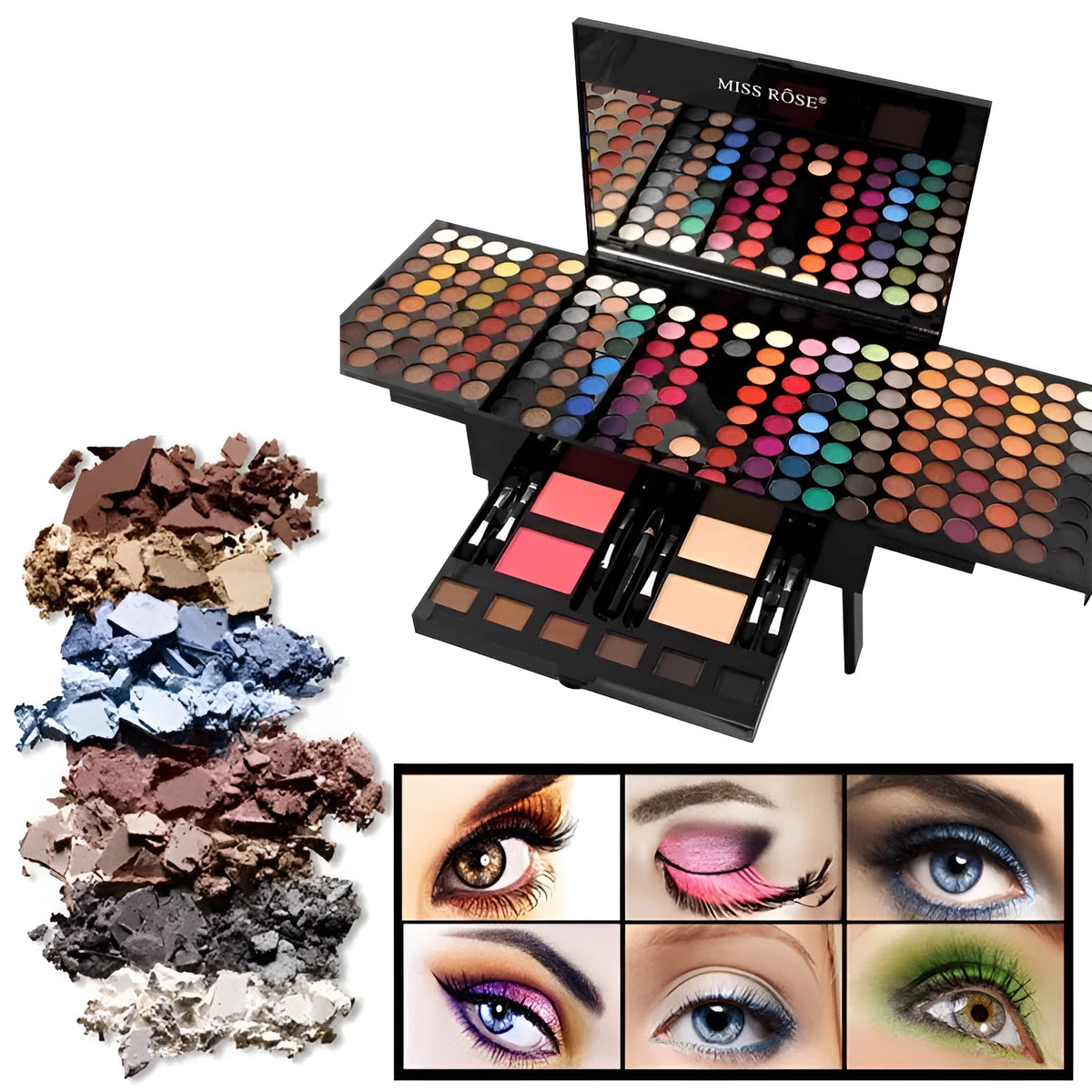 Piano-shaped makeup palette open to show 180 eyeshadow colours, blushes, powders and contour shades