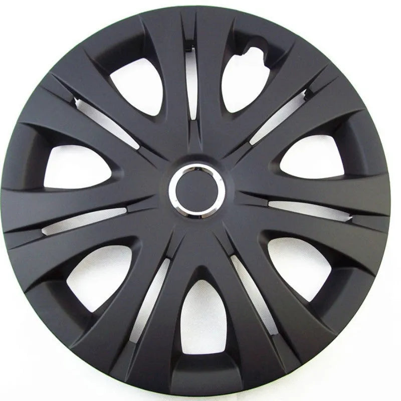 Universal ABS plastic wheel hub cover in a monochrome finish, shown against a car wheel.