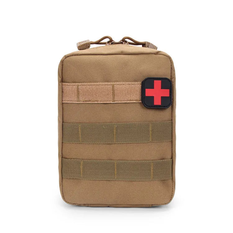 Tactical vest accessory bag with medical pouch in army green, showing Velcro attachment and 15cm dimensions