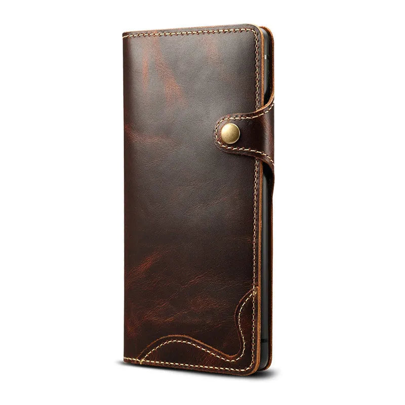 Handmade leather mobile phone case with wallet compartment open showing card slots