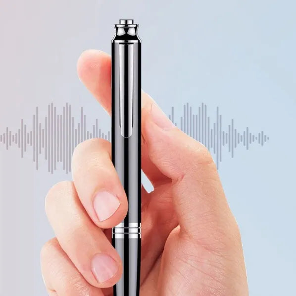 Black pen-style USB voice recorder MP3 player showing 120mm length and integrated USB connector.