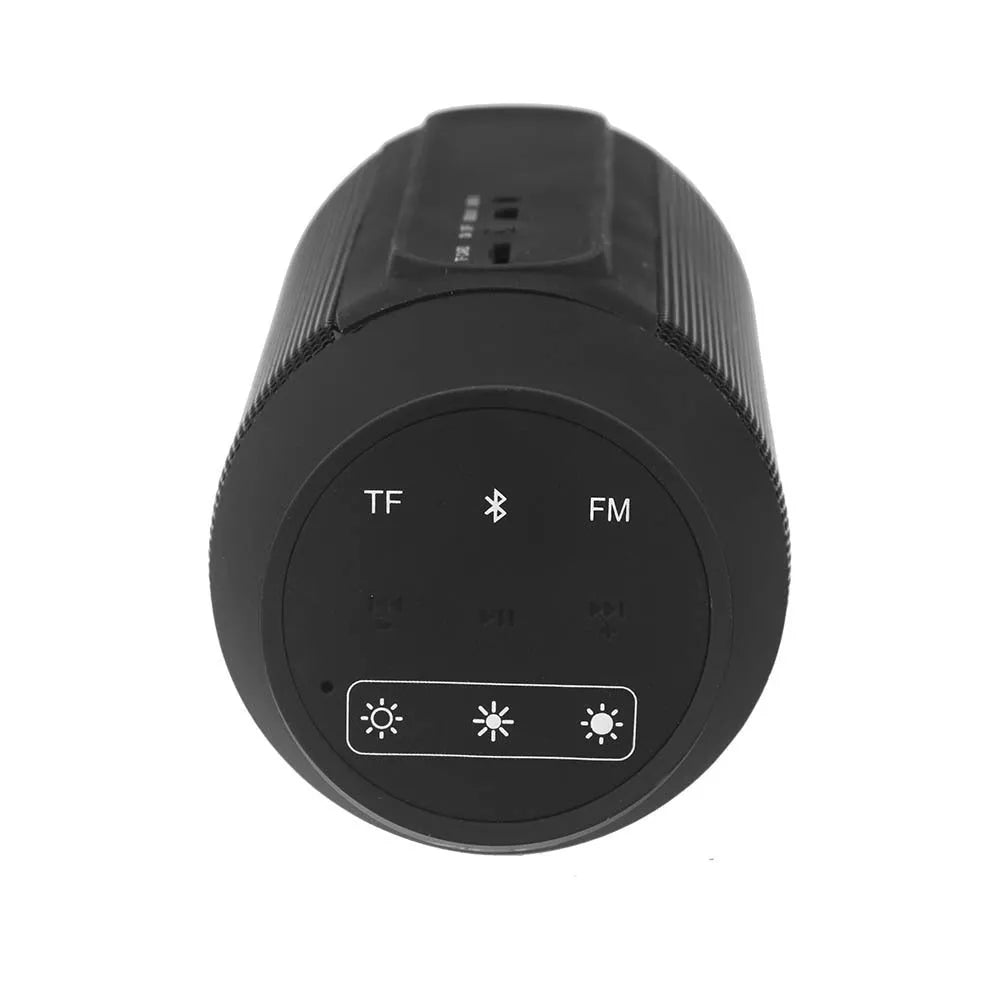 Mini black Bluetooth stereo speaker with colourful LED lights showing 360° sound design