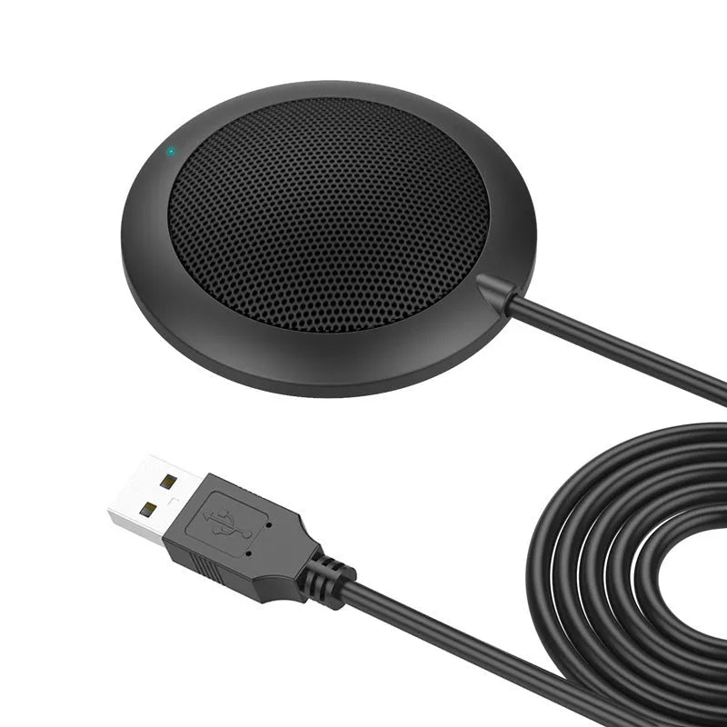 Black USB conference microphone with metal mesh cover and 70mm diameter