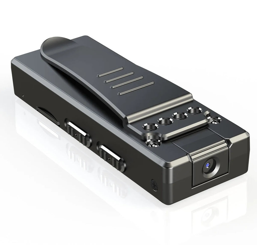 Black 1080p HD DV home camera with 90-degree rotation, night vision, and TF card slot for home security.